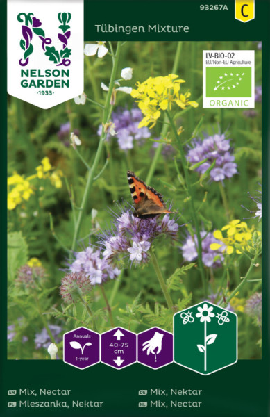 Produktbild von Nelson Garden BIO Nektar Mix Tübingen mit Abbildung blühender Pflanzen und einem Schmetterling sowie Produktinformationen und Bio-Siegel.