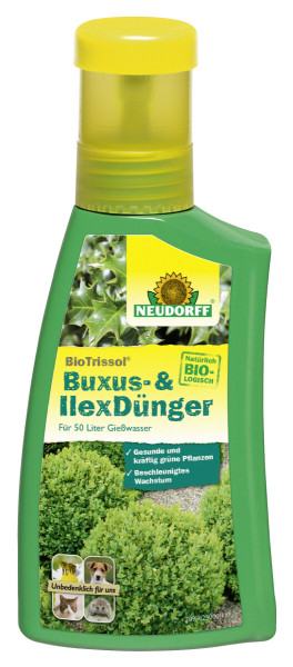 Produktbild von Neudorff BioTrissol Buxus- & Ilex-Dünger in einer 250ml Flasche mit Informationen über den biologischen Dünger und Darstellung von Buchsbaumhecken