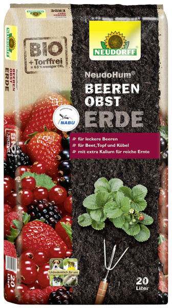 Produktbild von Neudorff NeudoHum BeerenobstErde 20l mit Darstellung der Verpackung und Informationen zu biologischer Qualität, Eignung für Beeren, Beet und Kübel sowie der Umweltverträglichkeit.
