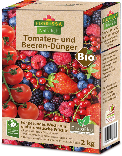Produktbild von Florissa Tomaten und Beeren-Dünger 2kg mit der Anzeige von Tomaten, Beeren und Details zur Düngemittelnutzung, Bio-Siegel und Markenlogos.