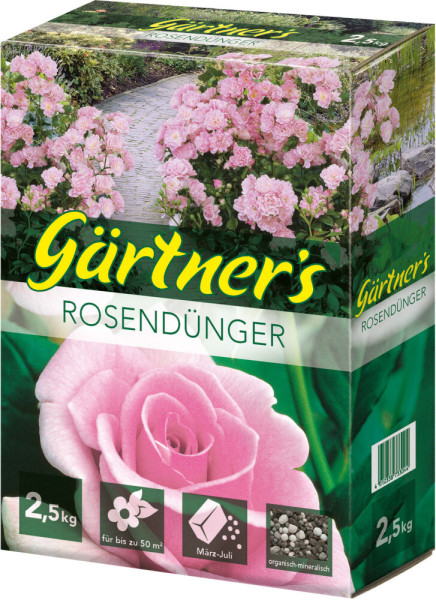 Produktbild von Gärtners Rosendünger in einer 2, 5, kg Packung mit rosa Rosenmotiv und Anwendungszeitraum März bis Juli.