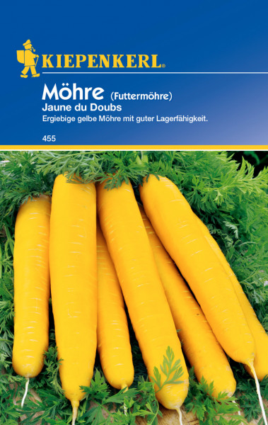 Produktbild von Kiepenkerl Moehre Jaune du Doubs mit gelben Moehren und Gruen auf der Verpackung.