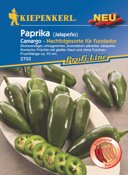 Produktbild von Kiepenkerl Jalapeño Camargo Samenpackung mit Darstellung ganzer und geschnittener Jalapeño Paprika auf einem Teller und Produktinformationen.