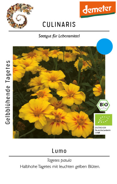 Produktbild von Culinaris BIO Gelbblühende Tagetes Lumo mit Blumenabbildung und Hinweisen zu Bio-Zertifizierung sowie Markenlogo und Produktnamen.