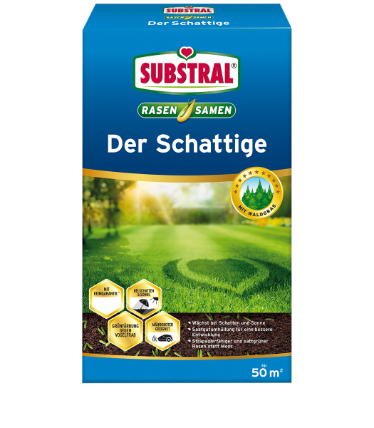 Produktbild von Substral Rasensamen Der Schattige 1kg Verpackung mit einer grünen Wiese und Informationen über die Eignung für schattige Plätze sowie das Logo und die Marke in deutscher Sprache.