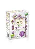 Produktbild von ReNatura Phacelia MS Bio 500g mit Abbildungen von Blüten und Bienen, Informationen zur Nektarreichen Bienenweide für ca. 100 m² und dem...