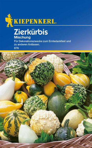 Produktbild von Kiepenkerl Zierkürbis Mischung mit verschiedenen dekorativen Kürbissen in einem Korb und Informationen zu Dekorationszwecken auf Deutsch.