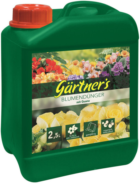 Produktbild von Gärtners Blumendünger mit Guano in einem 2, 5, Liter Kanister mit Abbildung verschiedener Blumen und Produktinformationen.