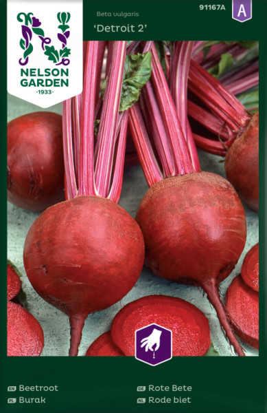 Produktbild von Nelson Garden Rote Bete Detroit 2 mit Darstellung der roten Rüben und Verpackungsdetails auf Deutsch und anderen Sprachen