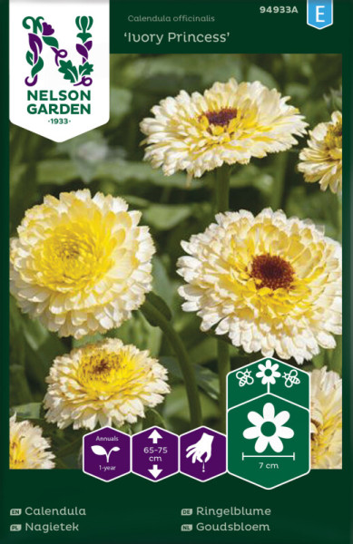 Produktbild von Nelson Garden Ringelblume Ivory Princess mit Blütenabbildung und Pflanzinformationen auf der Verpackung.