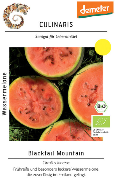 Produktbild von Culinaris BIO Wassermelone Blacktail Mountain mit Schriftzug demeter und Bio-Siegel sowie Texten über frühe Reife und Freilandanbau.