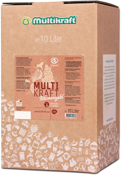 Produktbild von Multikraft Blumengold in einer braunen Bag in Box Verpackung mit 10 Liter Inhalt Informationen zum Produkt und biologischen Inhaltsstoffen auf Deutsch.