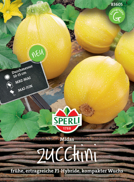 Produktbild von Sperli Zucchini Midas F1 mit gelben Zucchinifrüchten Blüten und Informationen zu Durchmesser Erntezeit und Sortenmerkmalen auf Deutsch.