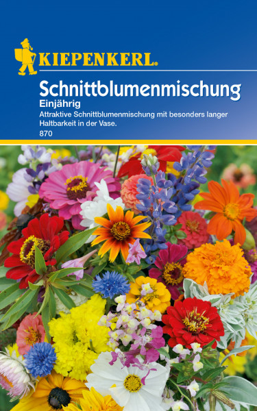 Produktbild von Kiepenkerl Blumenmischung Schnittblumenmischung mit bunten Blumen und Verpackungsdesign mit Produktbeschreibung auf Deutsch.