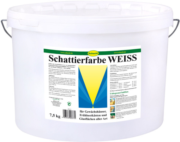 Produktbild von Schacht Schattierfarbe-Pulver Brunonia weiß in einem 7, 5, kg Eimer mit Produktbeschreibung und Anwendungshinweisen.