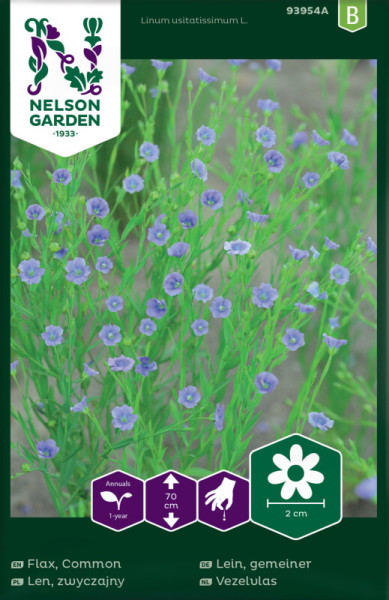 Produktbild von Nelson Garden Gemeiner Lein Samenpackung mit Abbildung blühender Pflanzen und Informationen zu Pflanzeneigenschaften auf Deutsch.