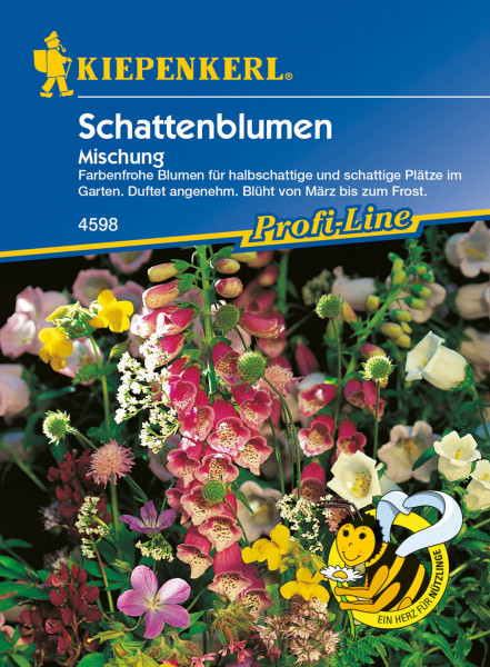 Produktbild von Kiepenkerl Blumenmischung Schattenblumen mit bunten Blumen und Informationen zu Standort und Blühzeit auf der Verpackung.