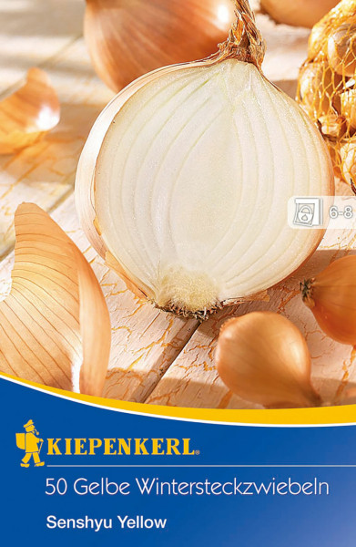 Produktbild von Kiepenkerl Gelbe Wintersteckzwiebeln Senshyu Yellow mit einer halbierten Zwiebel und ganzen Steckzwiebeln auf einem Holzuntergrund.