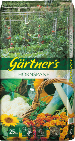Produktbild von Gärtners Hornspäne 25kg mit Abbildungen von Gemüsepflanzen und Anwendungszeitraum von März bis Oktober sowie Hinweis auf biologischen Anbau.