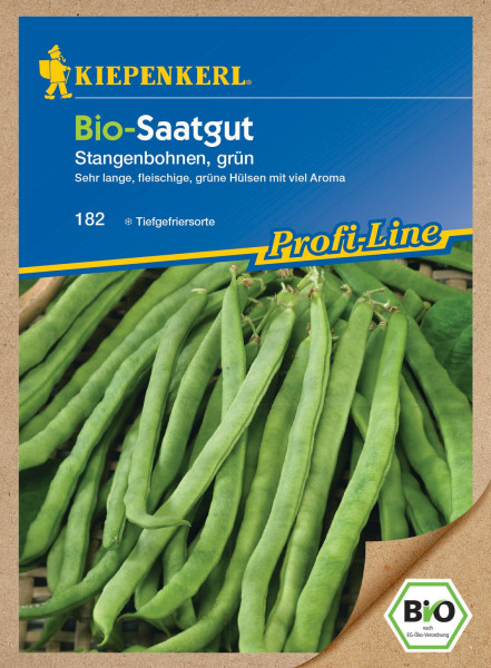Produktbild von Kiepenkerl BIO Saatgut für Stangenbohnen mit der Bezeichnung als Bio-Saatgut, Hinweis auf lange, fleischige, grüne Hülsen mit Aroma sowie der Zusatz ProfiLine und einem Bild von Gruppen grüner Stangenbohnen.