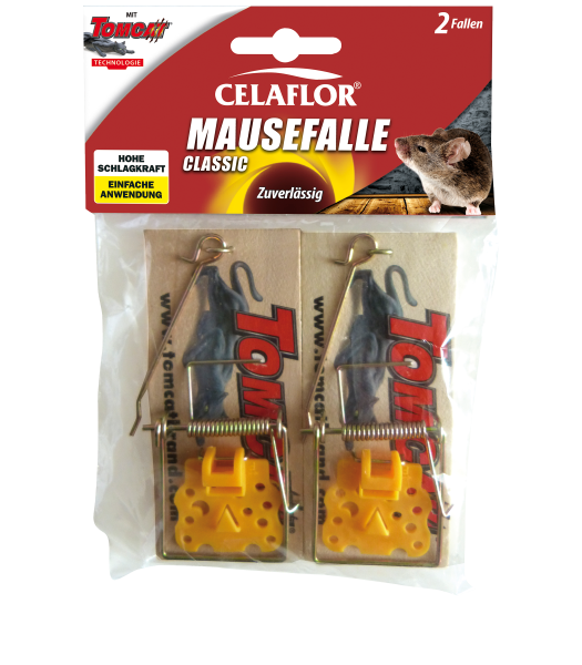 Produktbild von Celaflor Mausefalle Classic mit zwei Fallen in Verpackung und Hinweisen zu hoher Schlagkraft und einfacher Anwendung.