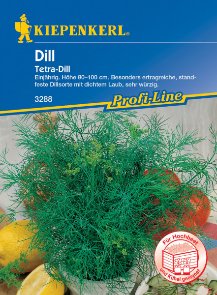 Produktbild von Kiepenkerl Dill Tetra Verpackung mit Abbildung der Pflanze und Informationen zu Wuchshohe und Eigenschaften in deutscher Sprache.