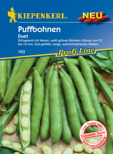 Produktbild von Kiepenkerl Puffbohnen Duet Saatgutverpackung mit der Darstellung von grünen Bohnenhülsen und Bohnenkörnern sowie Produktinformationen in deutscher Sprache.