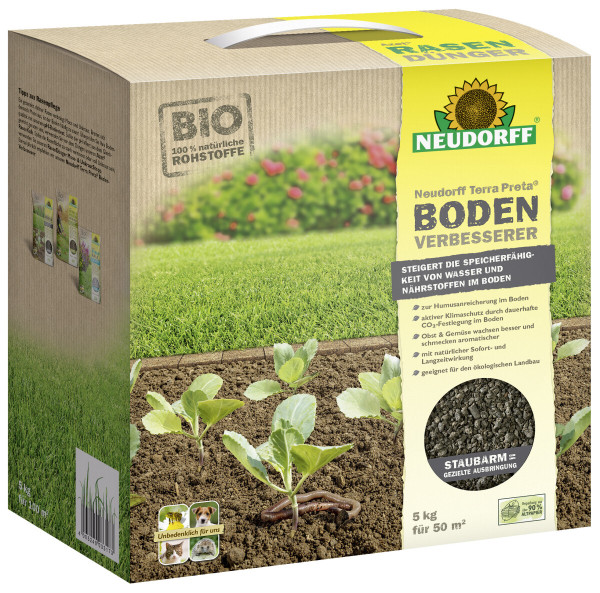 Produktbild von Neudorff Terra Preta BodenVerbesserer 5kg mit Informationen zu den Vorteilen für den Gartenboden und Abbildung der Anwendung auf einem Beet.