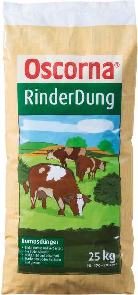 Produktbild von Oscorna-RinderDung in einer 25kg Verpackung mit Abbildung von Kühen auf der Weide und Informationen zur Bodenverbesserung und Fruchtbarkeit auf Deutsch