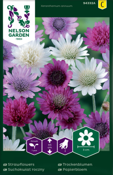 Produktbild von Nelson Garden Trockenblumen mit bunten Blüten und Informationen zu Wuchshöhe und Blumengröße auf Deutsch und anderen Sprachen.