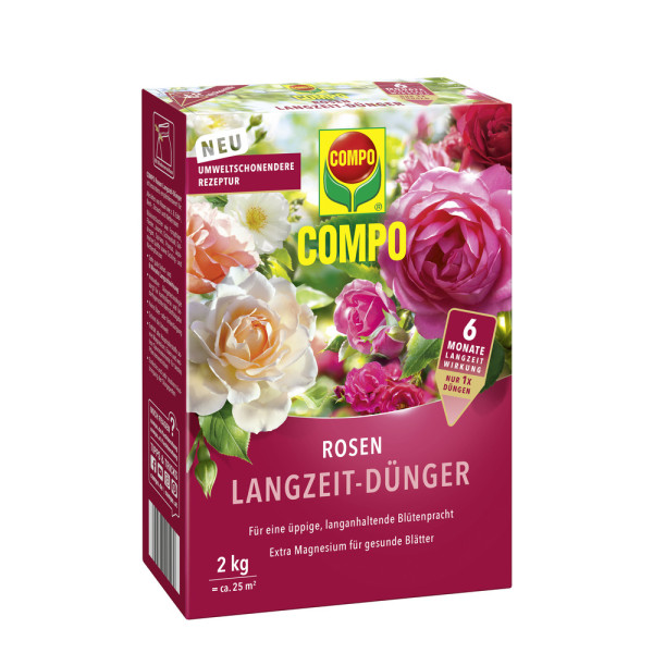 Produktbild von COMPO Rosen Langzeit-Duenger 2 kg Verpackung mit Bildern verschiedener Rosen und Informationen zur umweltschonenderen Rezeptur und 6 Monaten Langzeitwirkung.