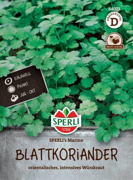 Produktbild von SPERLIs Marino Blattkoriander mit grünen Pflanzen und einem Pflanzenschild sowie der Bezeichnung orientalisches intensives Würzkraut und Markenlogo