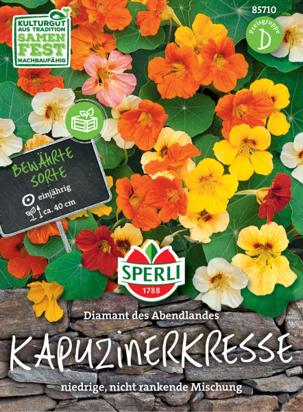 Produktbild der Sperli Kapuzinerkresse Diamant des Abendlandes Samenpackung mit bunten Blumen und Hinweisen zur Pflanzenart und Wuchshohe