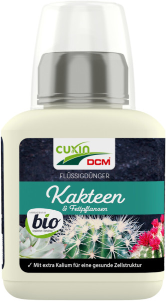 Produktbild von Cuxin DCM Flüssigdünger für Kakteen und Fettpflanzen BIO in einer 0, 25, Liter Flasche mit Hinweisen zu biologischer Anwendbarkeit und Kaliumgehalt zur Förderung der Zellstruktur.