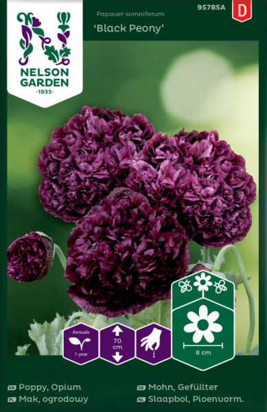 Produktbild von Nelson Garden Gefüllter Mohn Black Peony Saatgutverpackung mit Bildern von dunkelvioletten Blumen und Wachstumsinformationen