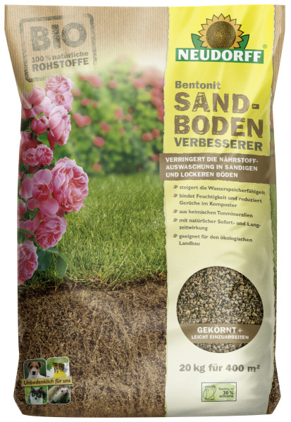 Produktbild von Neudorff Bentonit SandbodenVerbesserer 20kg Verpackung mit Informationen zu Vorteilen wie Nährstoffauswaschung Verringerung und Verbesserung der Bodenstruktur sowie Hinweis auf biologische Verträglichkeit und Nachhaltigkeit.