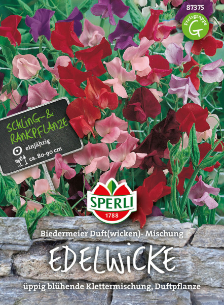 Produktbild von Sperli Wicke Biedermeier Duftwicken-Mischung mit verschiedenen bunten Blüten und Informationen zu Pflanzenart und Wuchshöhe auf Verpackung.