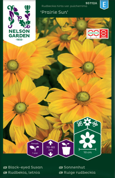 Produktbild von Nelson Garden Sonnenhut Prairie Sun mit gelben Blüten und Informationen zur Pflanzenart, Wuchshöhe und Blütengröße auf Deutsch.