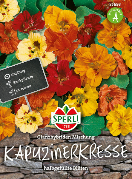 Produktbild von Sperli Kapuzinerkresse Glanzhybriden Mischung mit bunten halbgefüllten Blüten und Verpackungsinformationen auf einem Hintergrund aus Steinplatten