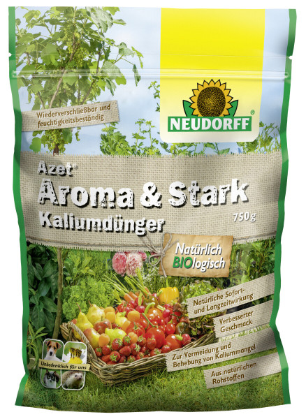 Produktbild von Neudorff Azet Aroma & Stark 750g, einem biologischen Kali-Dünger, mit Abbildungen von Pflanzen, Obst und Hinweisen zur Wiederverwendbarkeit und Umweltverträglichkeit.