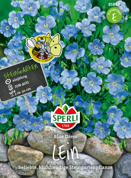 Produktbild von Sperli Lein Blue Dress mit blauen Blumen und Beschreibung der Pflanze als einjährige beliebte Steinpflanze mit Blütezeit von Juni bis August und einer Höhe von circa 50 cm.