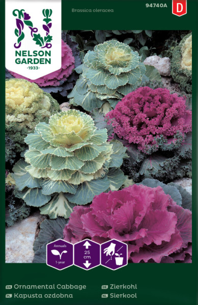 Produktbild von Nelson Garden Zierkohl mit verschiedenen farbigen Kohlpflanzen und Verpackungsinformationen in deutscher Sprache.