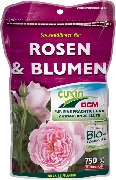 Produktbild von Cuxin DCM Spezialdünger für Rosen und Blumen Minigran in einer 750g Verpackung mit Rosenabbildung und Informationen zur Anwendung im biologischen Landbau.