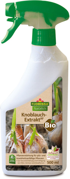 Produktbild von Florissa Knoblauch-Extrakt AF in einer 500ml Sprühflasche als biologische Pflanzenstärkung für pilz- und krankheitsanfällige Pflanzen mit Hinweisen zur Anwendung und ökologischen Zertifizierungen.