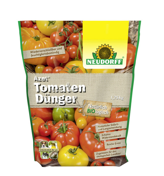 Produktbild von Neudorff Azet TomatenDuenger in einer 1, 75, kg Verpackung mit verschiedenen Tomatensorten und den Hinweisen Natürlich Biologisch sowie Zulassung für den ökologischen Landbau.