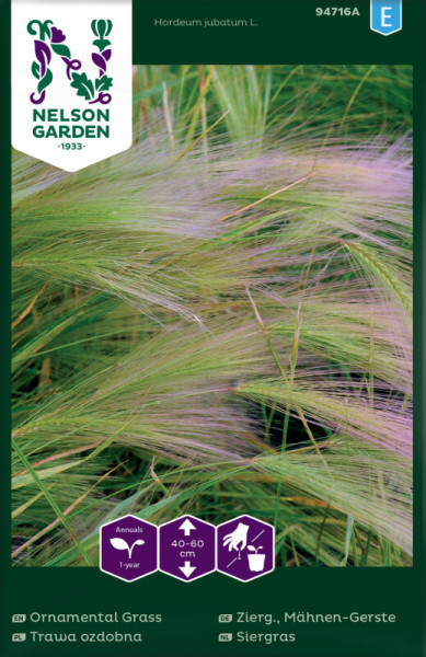 Produktbild von Nelson Garden Ziergras Mähnen-Gerste mit Nahaufnahme des Grases und Verpackungsinformationen wie Höhe und Pflegehinweisen.