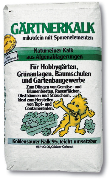 Produktbild von VKD Gärtnerkalk mikrofein 25kg mit Informationen zu Inhaltsstoffen und Anwendungsbereichen für Hobbygärtner und Gartenbau auf deutsch