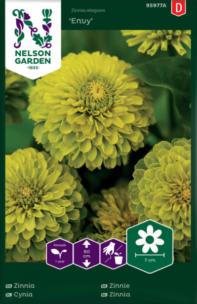 Produktbild von Nelson Garden Zinnie Envy mit Abbildungen gelber Zinnien und Informationen zu Pflanzeneigenschaften auf Deutsch