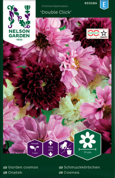 Produktbild von Nelson Garden Schmuckkörbchen Double Click Samenpackung mit verschiedenen rosa und burgunderfarbenen Blüten sowie Informationen zu Pflanzenhöhe und Typ in deutscher Sprache.