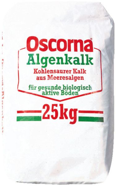 Produktbild von Oscorna Algenkalk in einem 25kg weißen Sack mit Markenlogo und Produktbeschreibung Kohlensaurer Kalk aus Meeresalgen für gesunde biologisch aktive Böden.
